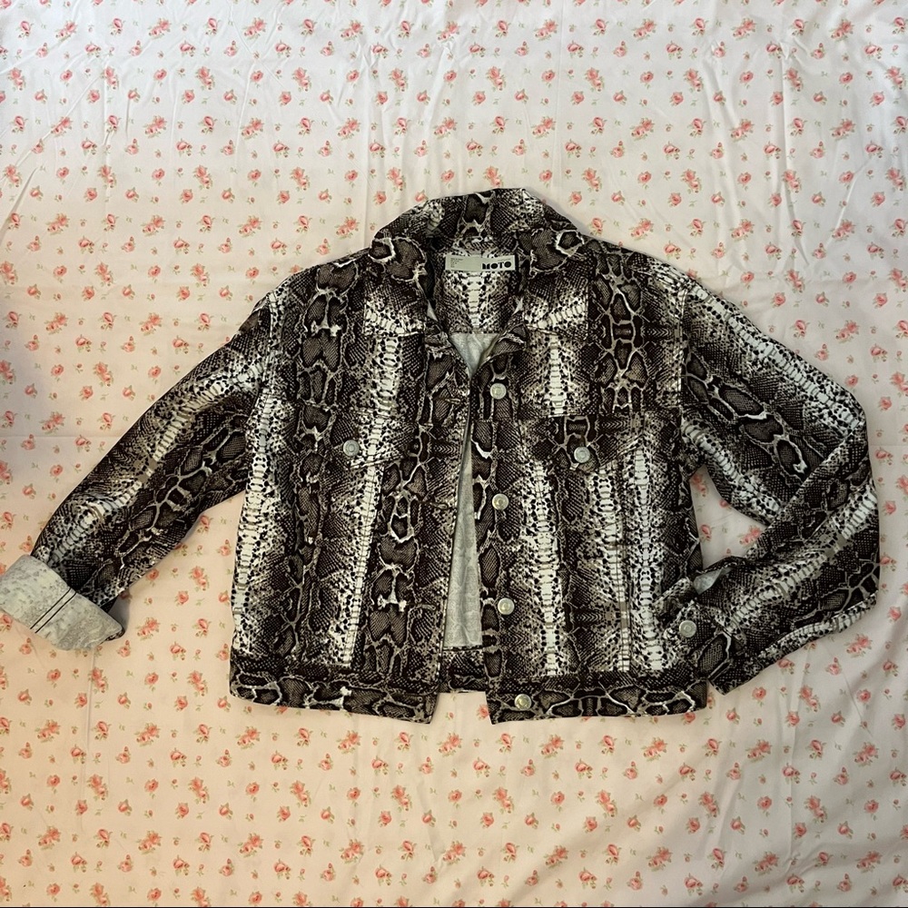 TopShop Waist “cropped” snake print denim moto jacket